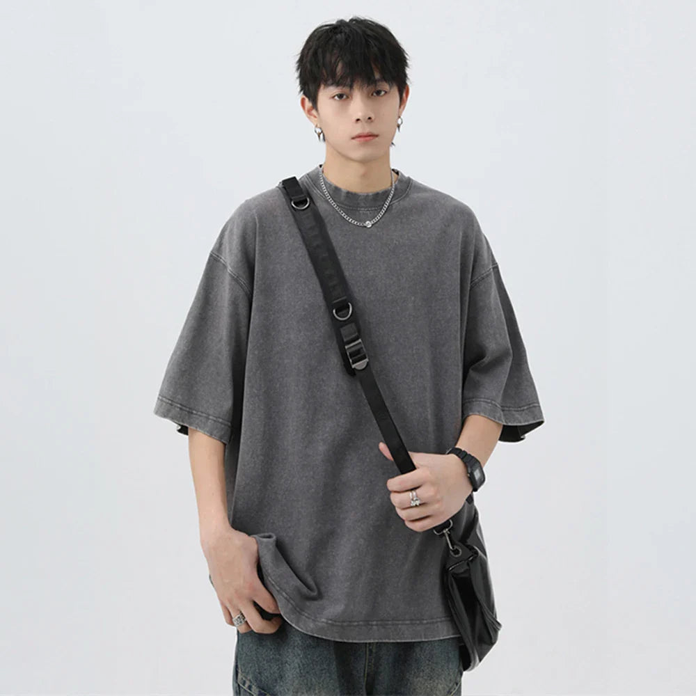 Japanese Korean Style Stir Fried Snowflake Washed T-Shirts Men Women Cotton Heavyweight Summer Hip Hop Streetwears Short Sleeved