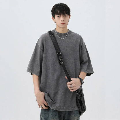 Japanese Korean Style Stir Fried Snowflake Washed T-Shirts Men Women Cotton Heavyweight Summer Hip Hop Streetwears Short Sleeved