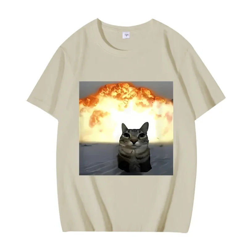Whimsical Cat Explosion Graphic T Shirt Women Funny Short Sleeve Summer Print Women Tops Funny Cat Meme Women Clothes