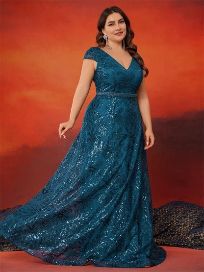 Vestido de festa plus size elegante com lantejoulas e decote V nas costas, manga curta, luxuoso, longo, estilo A-line, para formatura, casamento, festa e coquetel