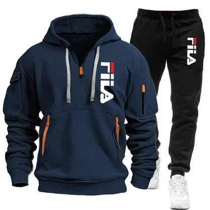 2026 Autumn and winter new men's multi pocket zipper hooded sports shirt+pants two-piece set, men's casual pullover sports set