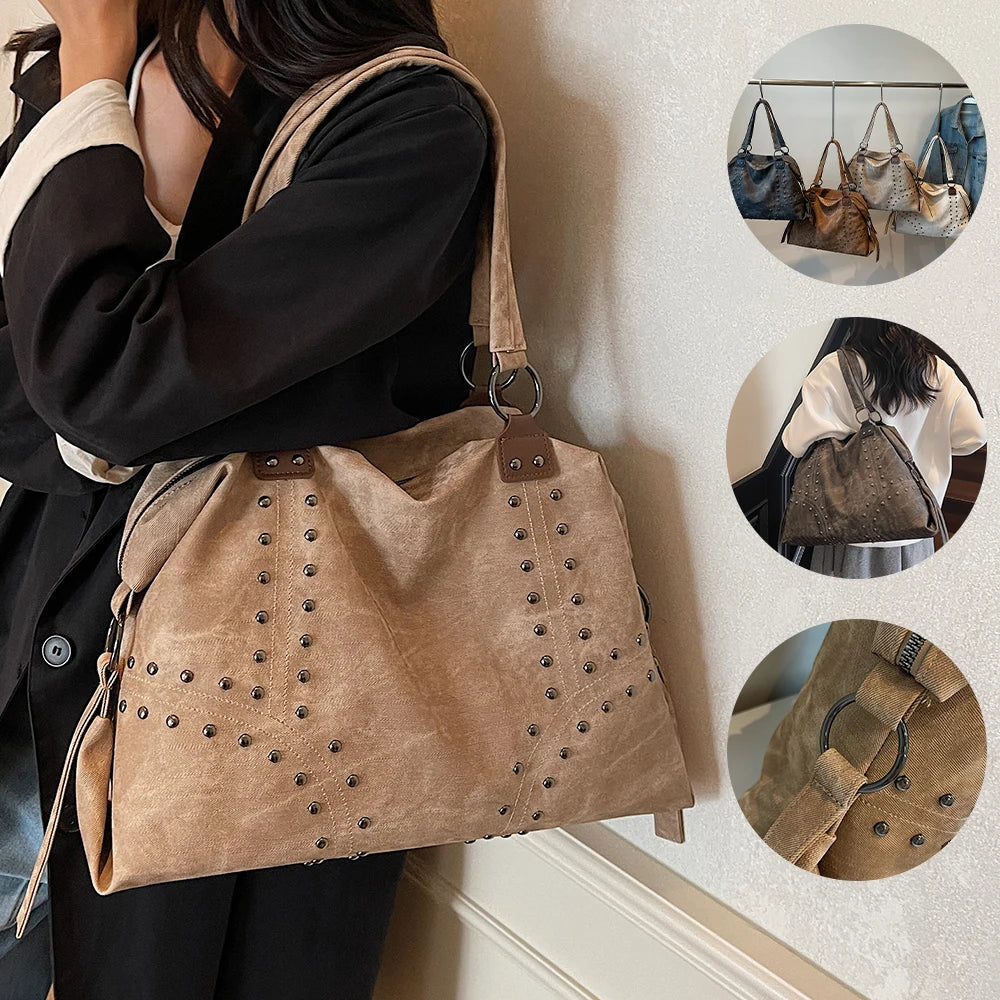 Autumn/Winter Retro Commuter Single Shoulder Bag for Women 2025 New Rivet Tote Bag Large Capacity Travel Handbag