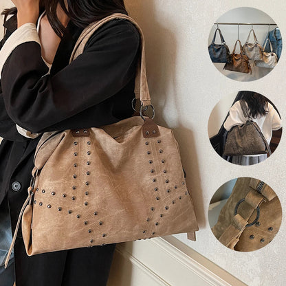 Autumn/Winter Retro Commuter Single Shoulder Bag for Women 2025 New Rivet Tote Bag Large Capacity Travel Handbag