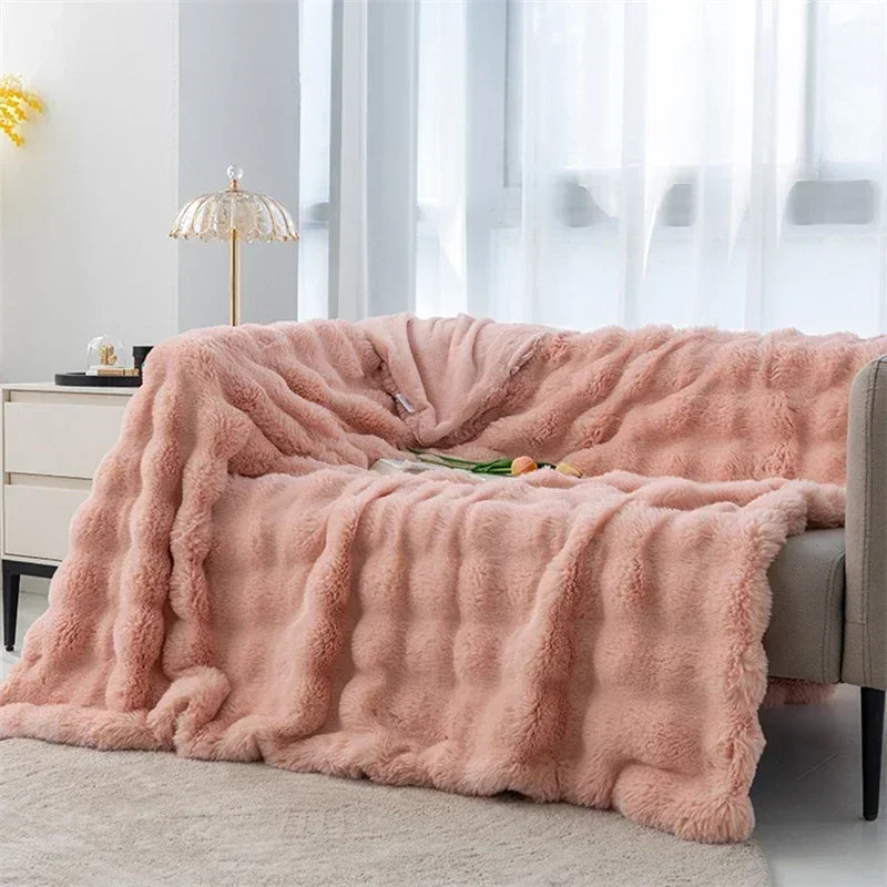 Cozy Rabbit Hair Bubble Velvet Blanket for Napping Soft Fuzzy Plush Bed Cover Sofa Throw Blanket All Season Warmth