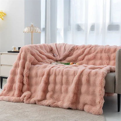Cozy Rabbit Hair Bubble Velvet Blanket for Napping Soft Fuzzy Plush Bed Cover Sofa Throw Blanket All Season Warmth