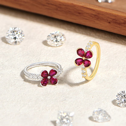 Original Teardrop Ruby Flower Ring ForWomen Pave Moissanite Engagement Rings 925 Sterling Silver Jewelry Gift For Party