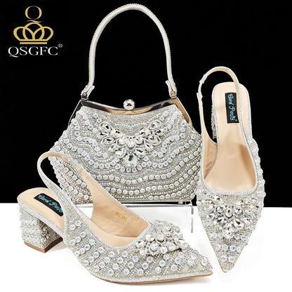Rhinestone Big Pumps And Bag To Party INS Style Pointed-Toe Shoes And Bag Elegant High Heels for Women