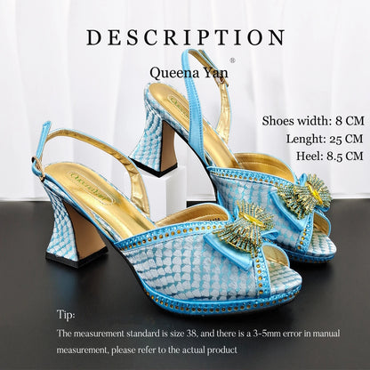 Sky Blue Color Party Peep Toe High Heels and Handbag  Set With Striped and Rhinestone Decoration Design