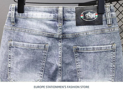 Summer 2024 New Fashion Trend Printed Stretch Cotton Shorts Men's Casual Sashimi Comfort High Quality Plus-Size Denim Shorts