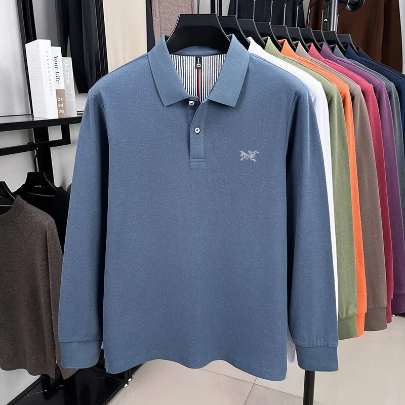 100% pure cotton high-end luxury brand men's long sleeved polo shirt autumn fashion original embroidery design golf top T-shirt
