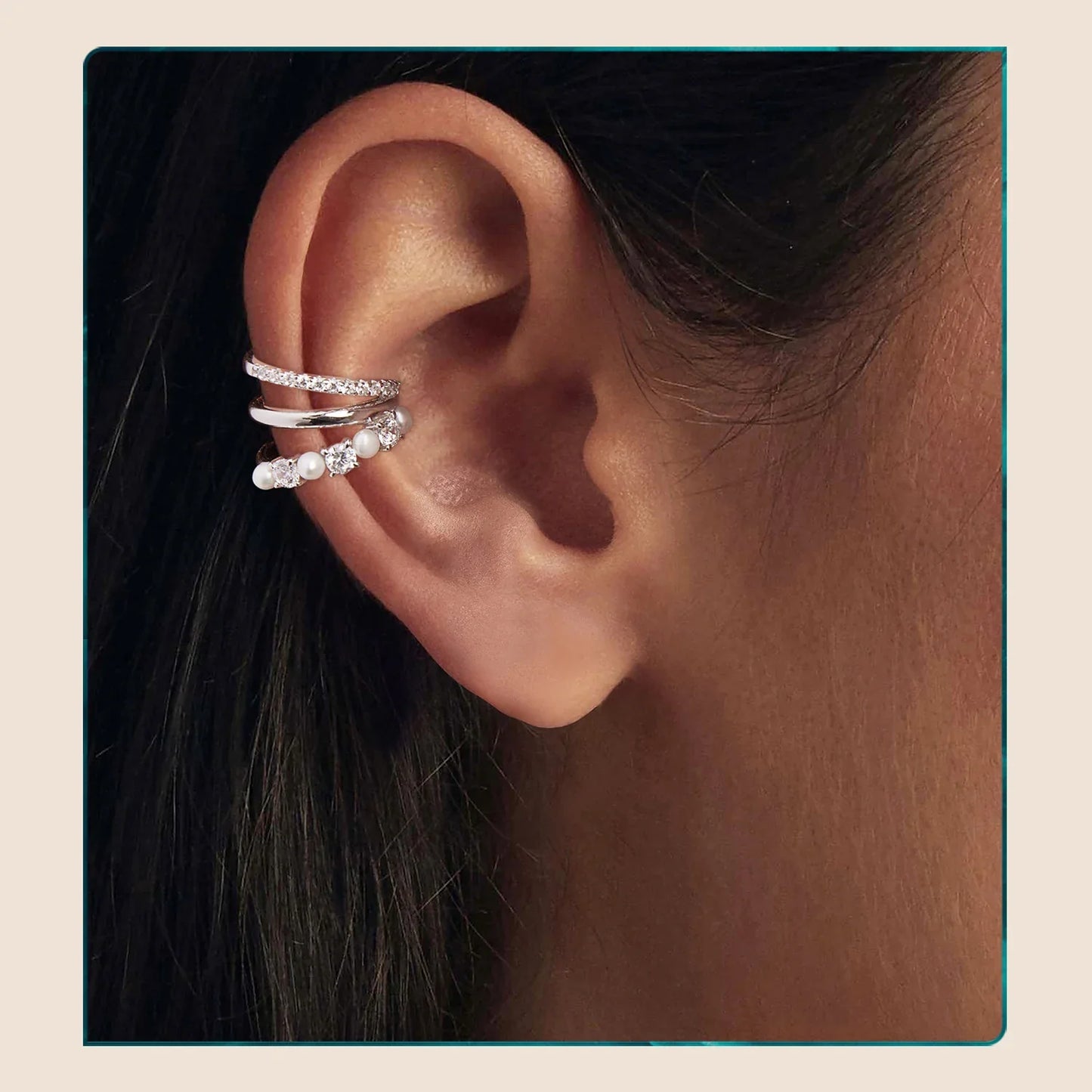 Mono 3-layered Moissanite Ear Cuff 925 Sterling Silver Freshwater Pearl Ear Clip for Women Teens Original Elegant Jewelry