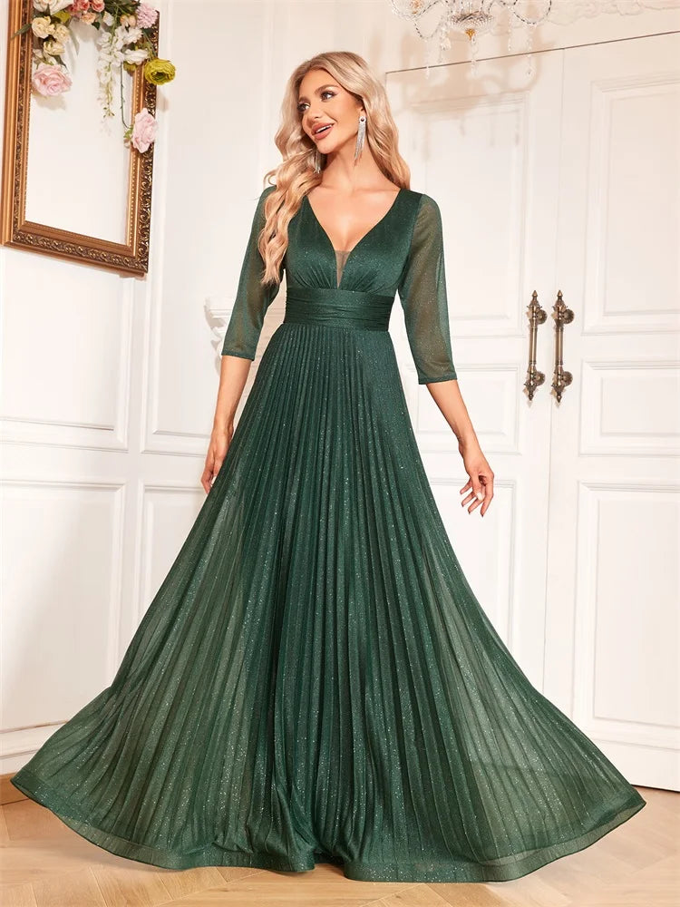 Luxury Long Sleeve Formal Evening Dress Deep V-Neck Floor-Length Gown Women 2024 Chiffon A-line Prom Cocktail Dress