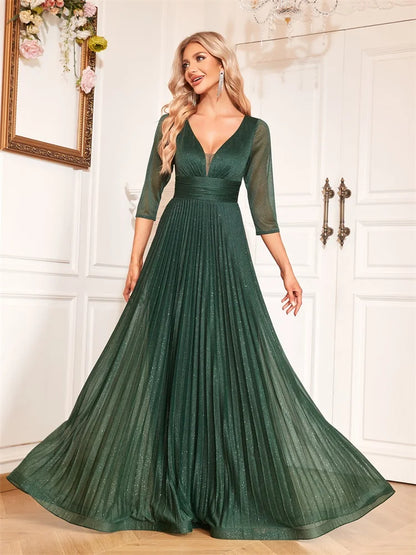 Luxury Long Sleeve Formal Evening Dress Deep V-Neck Floor-Length Gown Women 2024 Chiffon A-line Prom Cocktail Dress