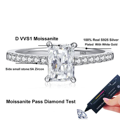 1CT  Moissanite Ring for Women Emerald Radiant Cut Diamond Wedding 925 Silver White Gold Plated  Rings Fine Jewelry