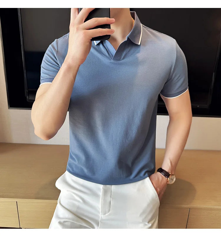 Business Casual Solid Color Men's Polo Shirt, 2024 Summer Classic, Men Short Sleeve V-neck T-shirt, Slim Fit Spliced Polo 4XL-M