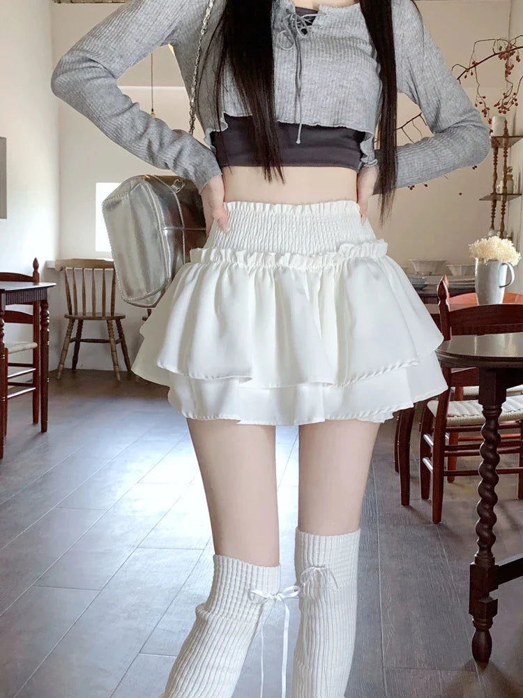Mini Skirt Cute Sexy Balletcore Elastic High Waist Ball Gown Ruffle Patchwork Lolita Skirt Short Korean Sweet Y2K Women Clothing