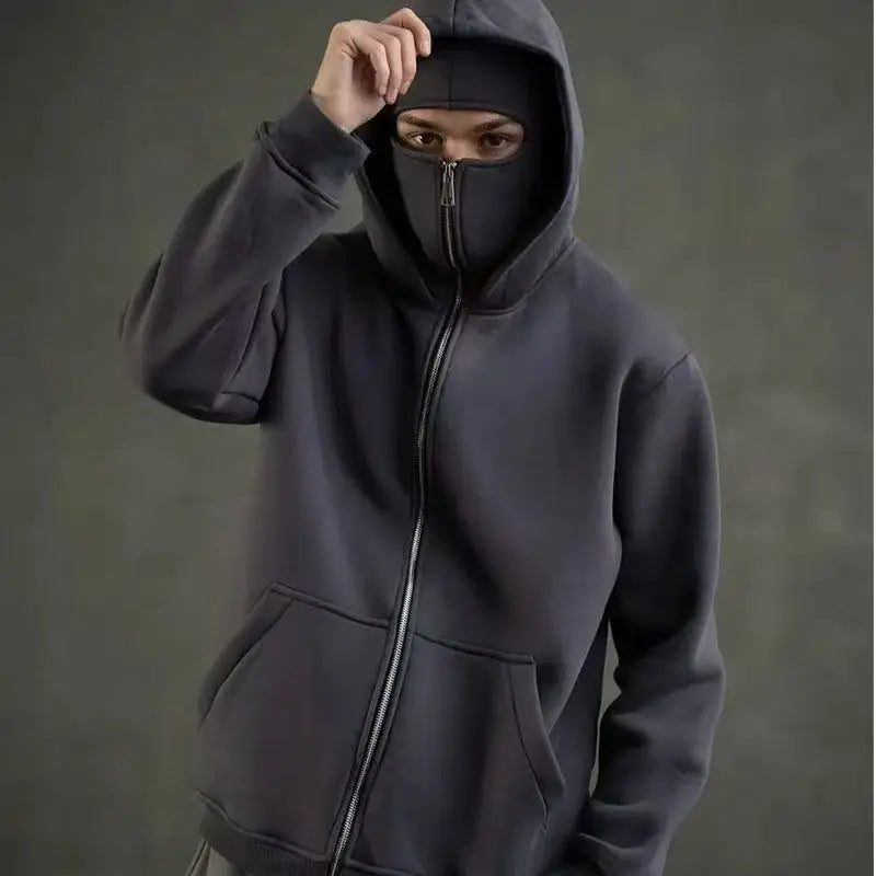 Unisex Hoodie Warm Loose Hooded Jacket Zip-up Casual Jacket with Face Mask for Autumn Winter Outdoor Sports Streetwear