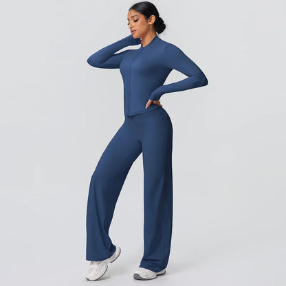 2pieces Quick Drying Sports Fitness Clothing Yoga Set Women Yoga Zipper Long Dleeves High Waisted Breathable Wide Leg Pants Set
