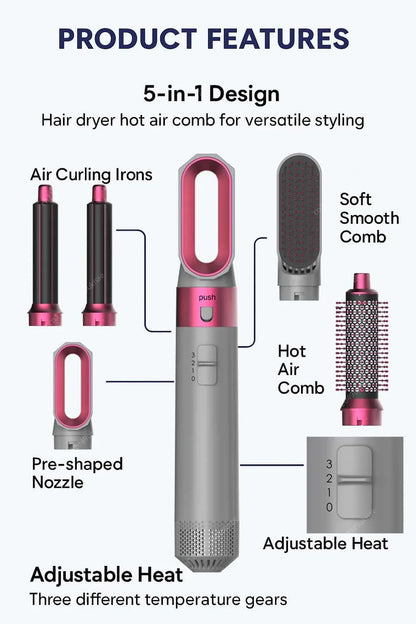 5 In 1 Professional Hair Dryer Hot Air Comb Brush With Curling Iron And Hair Straightener For Salon Quality Hair Styling