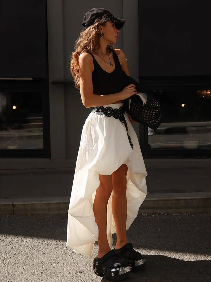 Fashion White Asymmetrical Long Skirts Female A-line Hem Vacation Skirt High Waist Casual Loose 2026 Summer Club Party Skirts