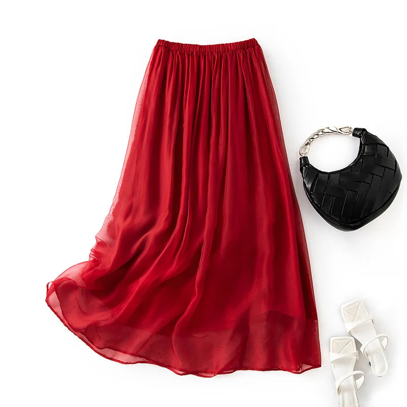 Women 100%Real Silk Elegant Skirts, Elastic Waist Solid, French Temperament Fairy Commute Skirt, 2025 Summer B56433CC