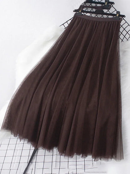 New large hem chiffon long skirt for women's Korean casual simple solid color three-layer A-line high waisted long skirt