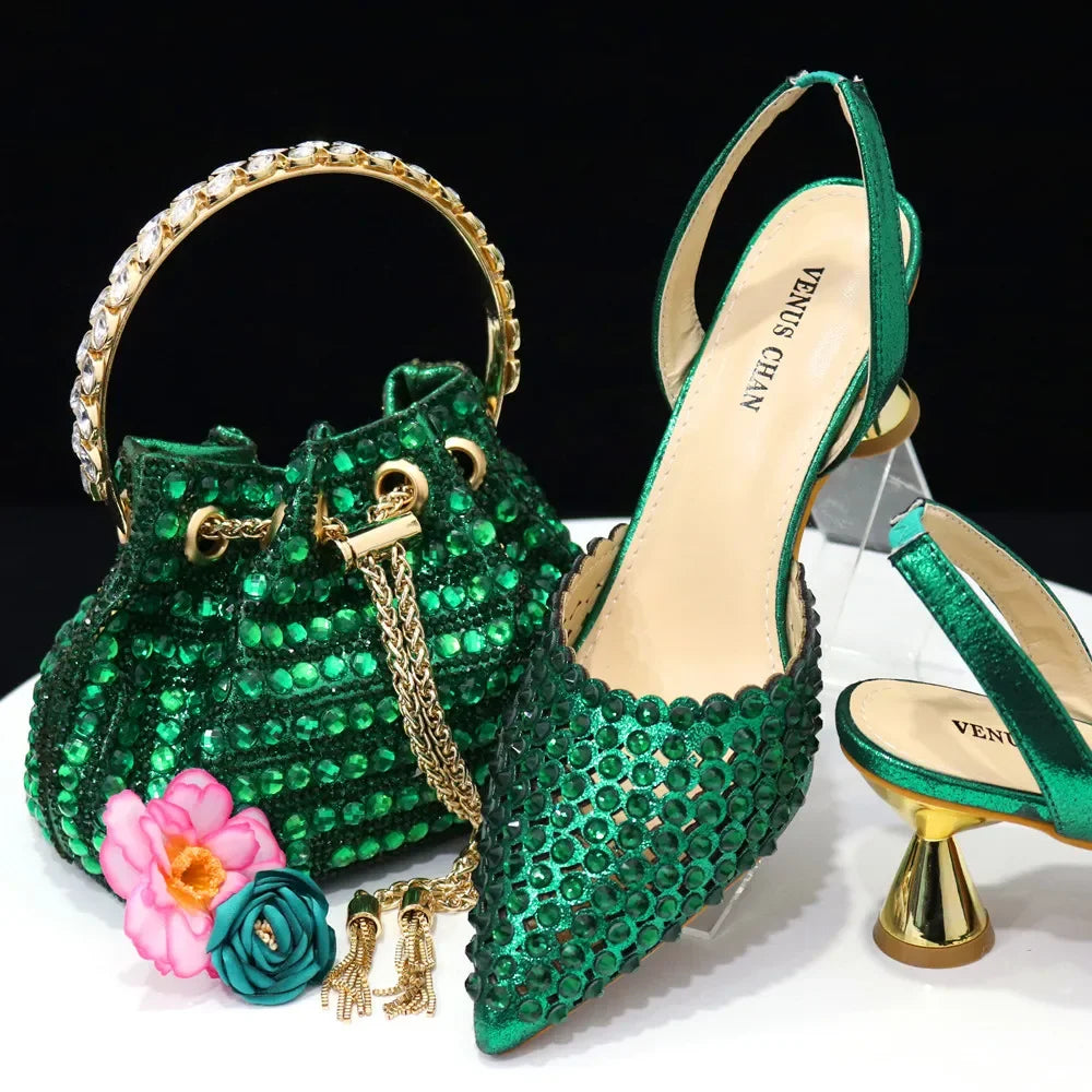 Pointed Toe Heels for Women Elegant Party Wine Color Full Diamond Pumps Italian Shoes and Bags Matching Set