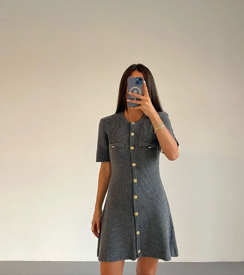 Elegant Knit Mini Dress Women Street Slim High Waist Short Sleeve Rib Sweater Dresses Vacation Bodycon Knitwear Dress
