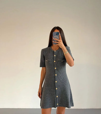 Elegant Knit Mini Dress Women Street Slim High Waist Short Sleeve Rib Sweater Dresses Vacation Bodycon Knitwear Dress