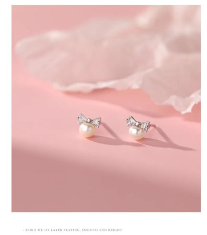 Korea Exquisite Vintage Zircon Pearl Bow Sweet Stud Earrings for Women 925 Sterling Silver Jewelry