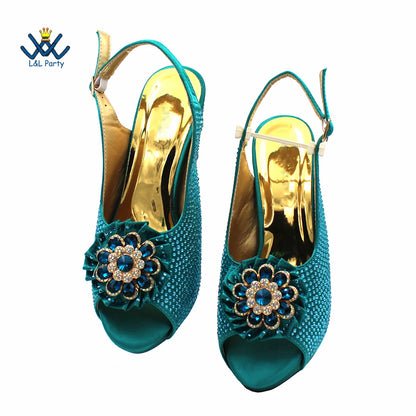 Special Design Women Crystal Style African Ladies Party Shoes Matching Bag in Magenta Color