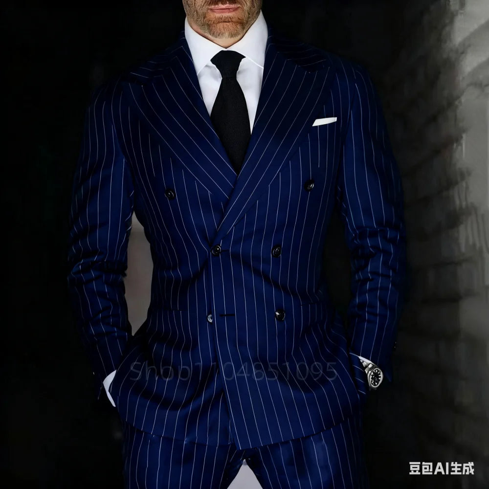 Men's 2-Piece Suit Set Slim Fit Double Breasted Lapel Formal Grey Blue Marine High Quality Jacket And Trousers Ensemble