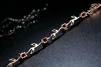 Rose Gold Color Leaf Chain & Link Bracelet with Red + Green AAA Zircon for Mother Gifts Jewelry JIB072