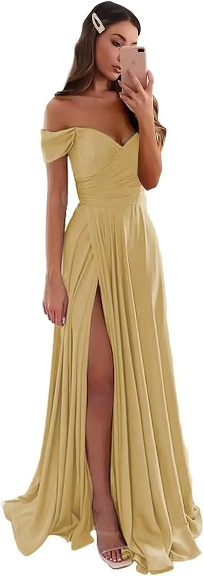 Women's Satin Prom Dresses Long Slit Formal Dresses Off Shoulder Evening Wedding Party Gowns Ruched Sweetheart Lace up Back