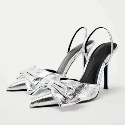 Luxury Silver High Heeled Sandals Women Sexy Pointed Toe Back Strap Thin Heels for Women Elegant Bow Design Banquet Dress Shoes
