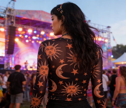 2026 Women's Fashion Trend Black & White Sun-Moon Print Sheer Mesh T-Shirt Sheer Mesh Crew Neck Base Layer T-Shirt