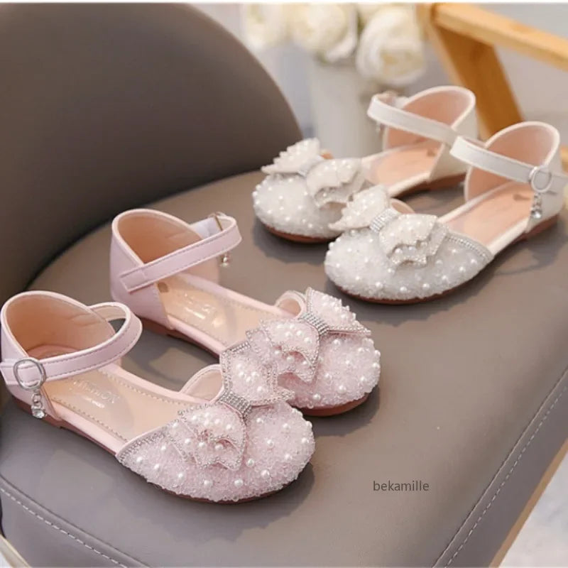 Spring and Summer Girls' Princess Shoes Sandals Flat  Kids Dresses Shoes Pearl  for Kids and Teens