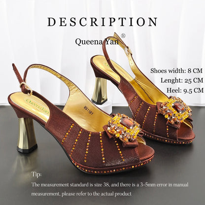 Brown Rhinestone Peep-Toe High Heel Sandals and Bag Set for Women –Elegant Italian Party Shoes Perfect for Wedding