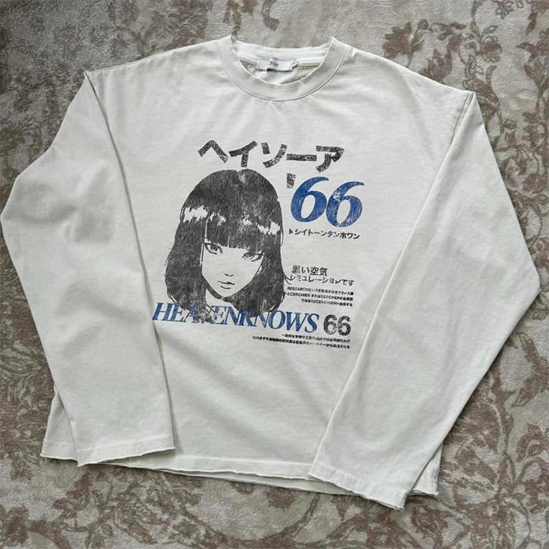 Men Cartoon Long Sleeved T-Shirts Harajuku Kawaii Tees Streetwear Loose Clothes Tops Cotton Men's Printed Tops Y2k Clothes