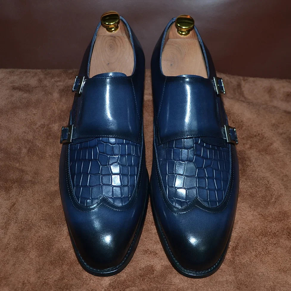 Classic Men's Genuine Leather Dress Shoes Double Buckle Monk Strap Wingtip Crocodile Print Business Office Formal Footwear Man