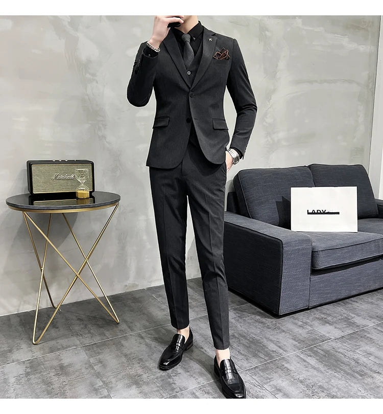 ( Blazer + Vest + Pants ) Boutique Fashion Solid Color Men's Slim Casual Business Suit Three-piece Set Groom Wedding Dress Party