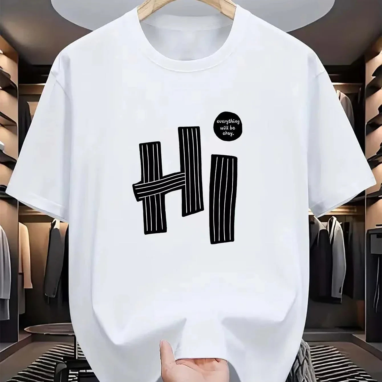 Summer Men's 100% Pure Fashion Cotton Casual Loose Fit Plus Size Hi Letter Pattern Printed Round Neck Short Sleeved T-shirt Top