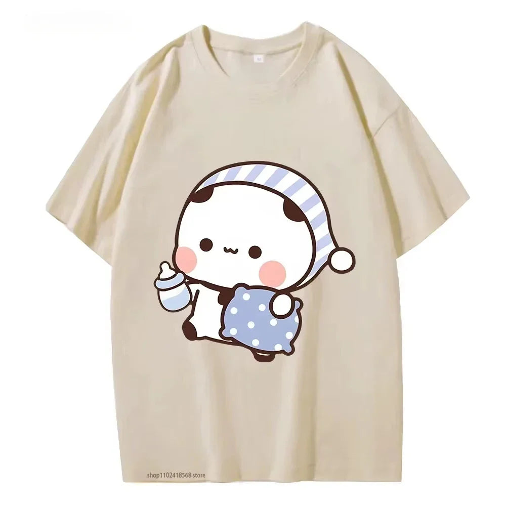 Couple Tshirt Cute BuBu Panda Going To Sleep with DuDu Bear Graphic Tshirt Women Clothes Sleeve Tops Women's Clothing