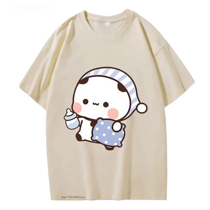 Couple Tshirt Cute BuBu Panda Going To Sleep with DuDu Bear Graphic Tshirt Women Clothes Sleeve Tops Women's Clothing