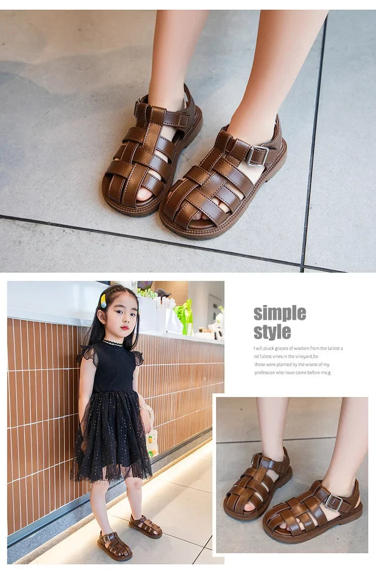 Children Hollow Out Shoes Boys Girls Roman Shoes British Style Non-slip Fashion Kids Toes Capped Shoes Peep Toe Solid Color