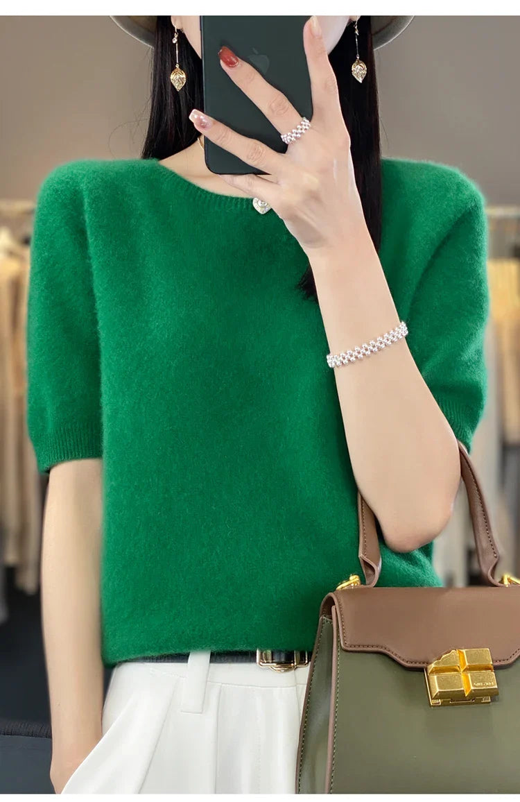 100% pure wool T-shirt spring and summer new women's O-neck pullover short sleeve loose five-sleeve sweater high-end top