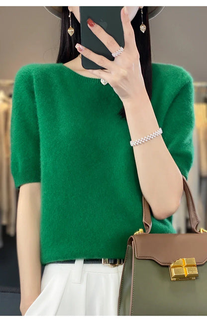 100% pure wool T-shirt spring and summer new women's O-neck pullover short sleeve loose five-sleeve sweater high-end top