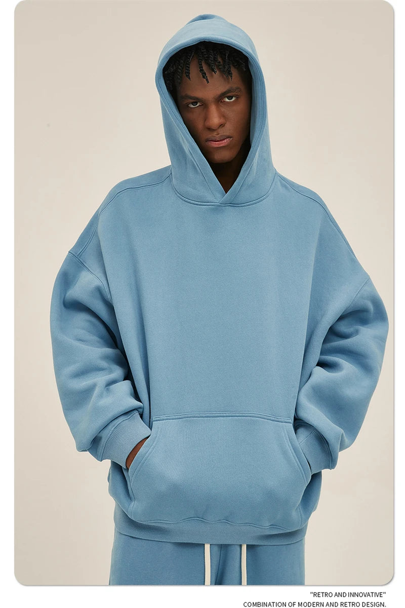 Thick 350gsm Fleece Hooded Hoodies For Men Unisex Winter Oversized Loose Basic Solid Sweatshirts Pullovers Coats HY0631