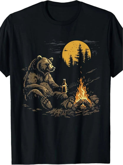 Men Cotton Bear Drinking Beer Campfire Graphic T-Shirt - Black Short Sleeve Casual Outdoor Camping Shirt with Funny Bear Design