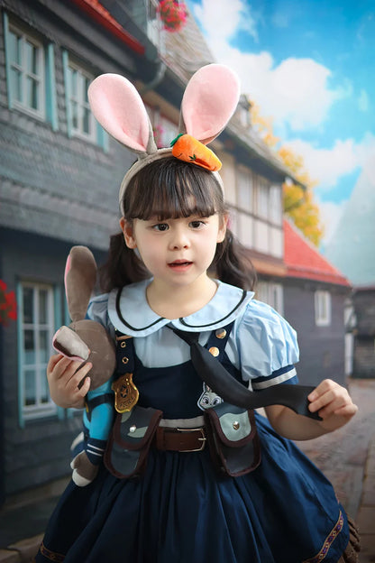 Judy Cosplay Costume Kids Carnival Party Dress Girls Tie Headdress Belt Socks Sets Police Role Play Movie Uniform Birthday Gift